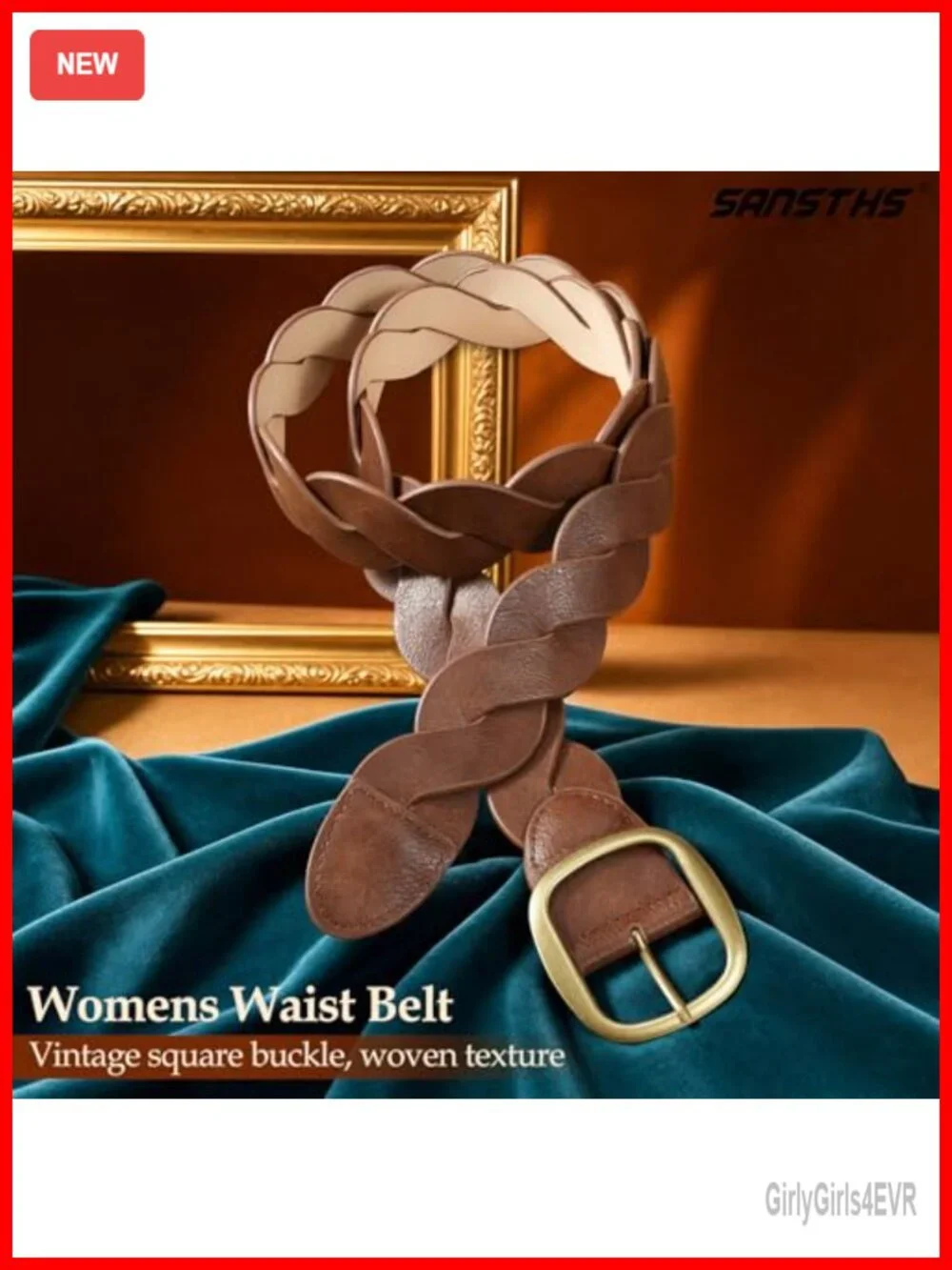 Boho Woven Leather Belt Vintage Gold Buckle No-Hole Adjustable Western Waist
